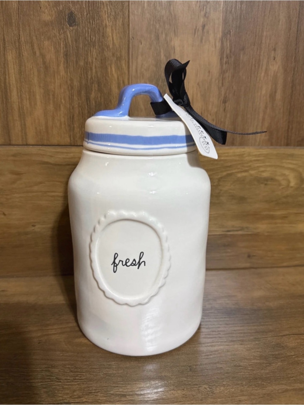 Rae Dunn White Canister with Blue-Trim Lid